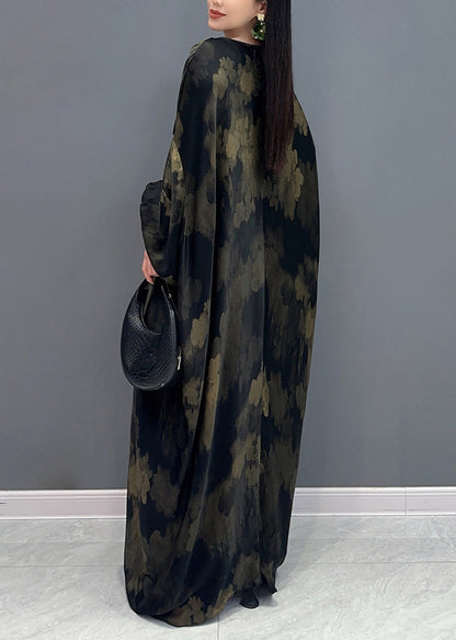 Black V Neck Print Holiday Maxi Dress Long Sleeve Ay1048