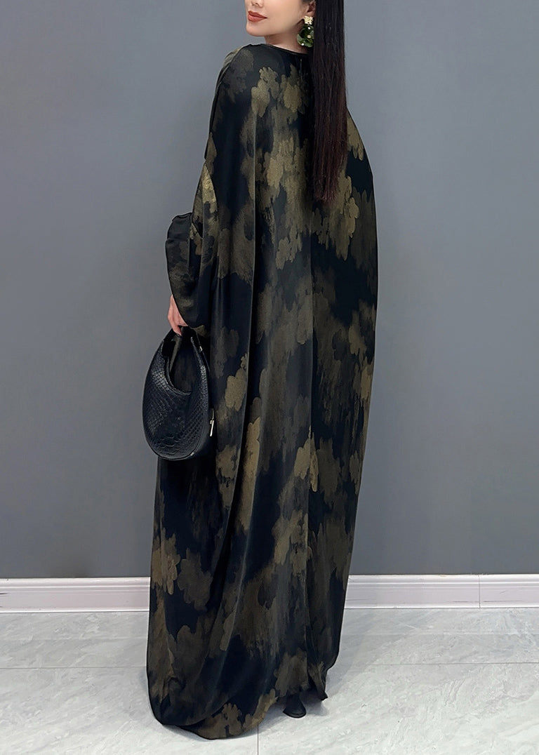 Black V Neck Print Holiday Maxi Dress Long Sleeve Ao1068