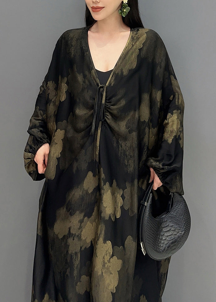 Black V Neck Print Holiday Maxi Dress Long Sleeve Ay1048