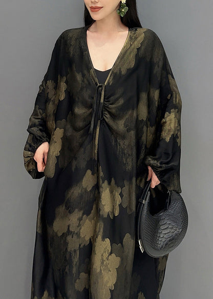 Black V Neck Print Holiday Maxi Dress Long Sleeve Ao1068