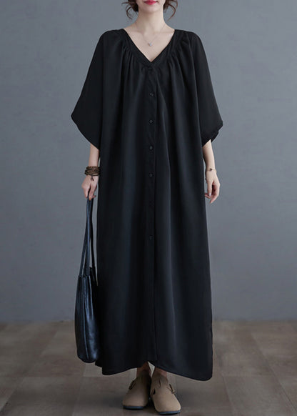 Black V Neck Wrinkled Maxi Dresses Summer Gh1033