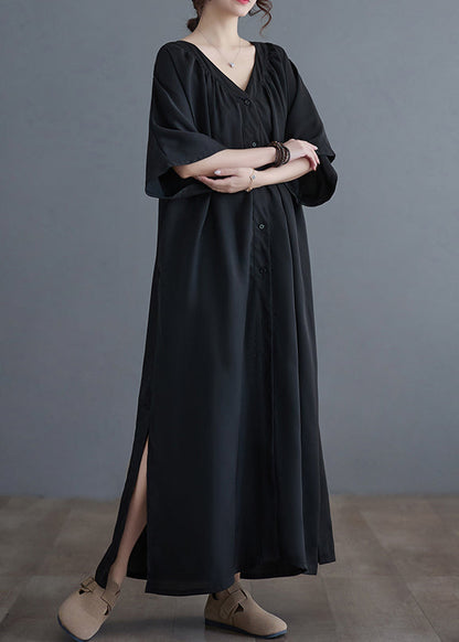 Black V Neck Wrinkled Maxi Dresses Summer Gh1033