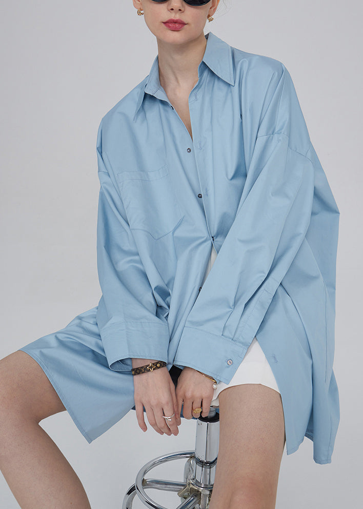 Blue Button Pockets Patchwork Cotton Blouses Fall Tu015