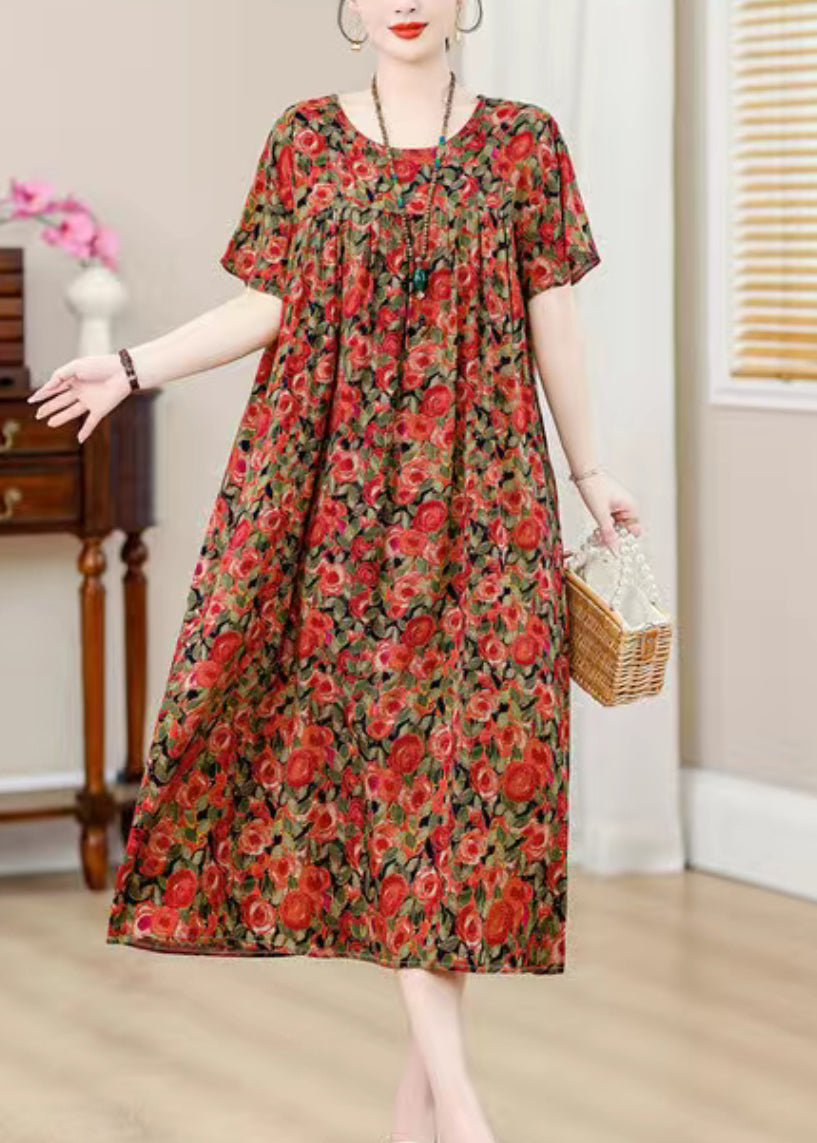 Blue O-neck Print Holiday Long Dress Short Sleeve Qb022