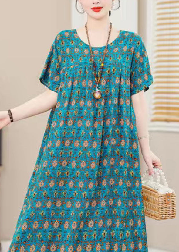 Blue O-neck Print Holiday Long Dress Short Sleeve Qb022
