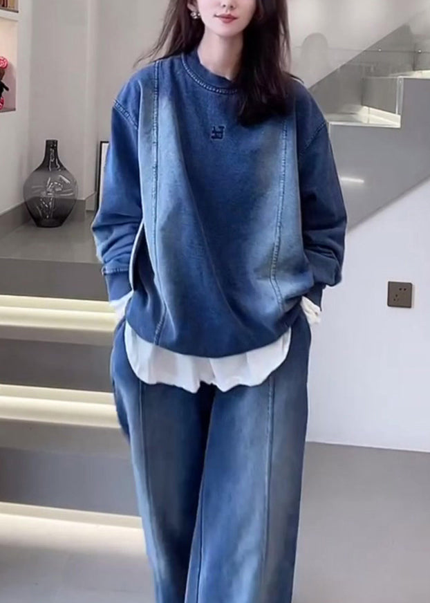 Blue O Neck Tops and Pants Denim Two Piece Set Outfits Fall Ru015