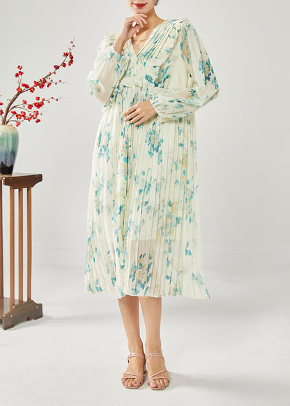 Blue Print Patchwork Ruffles Wrinkled Chiffon Long Dress Spring Ly1815