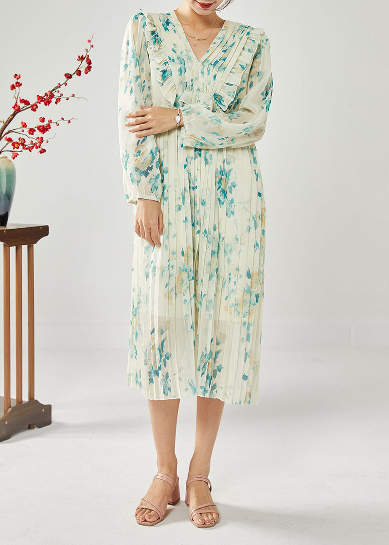Blue Print Patchwork Ruffles Wrinkled Chiffon Long Dress Spring Ly1815
