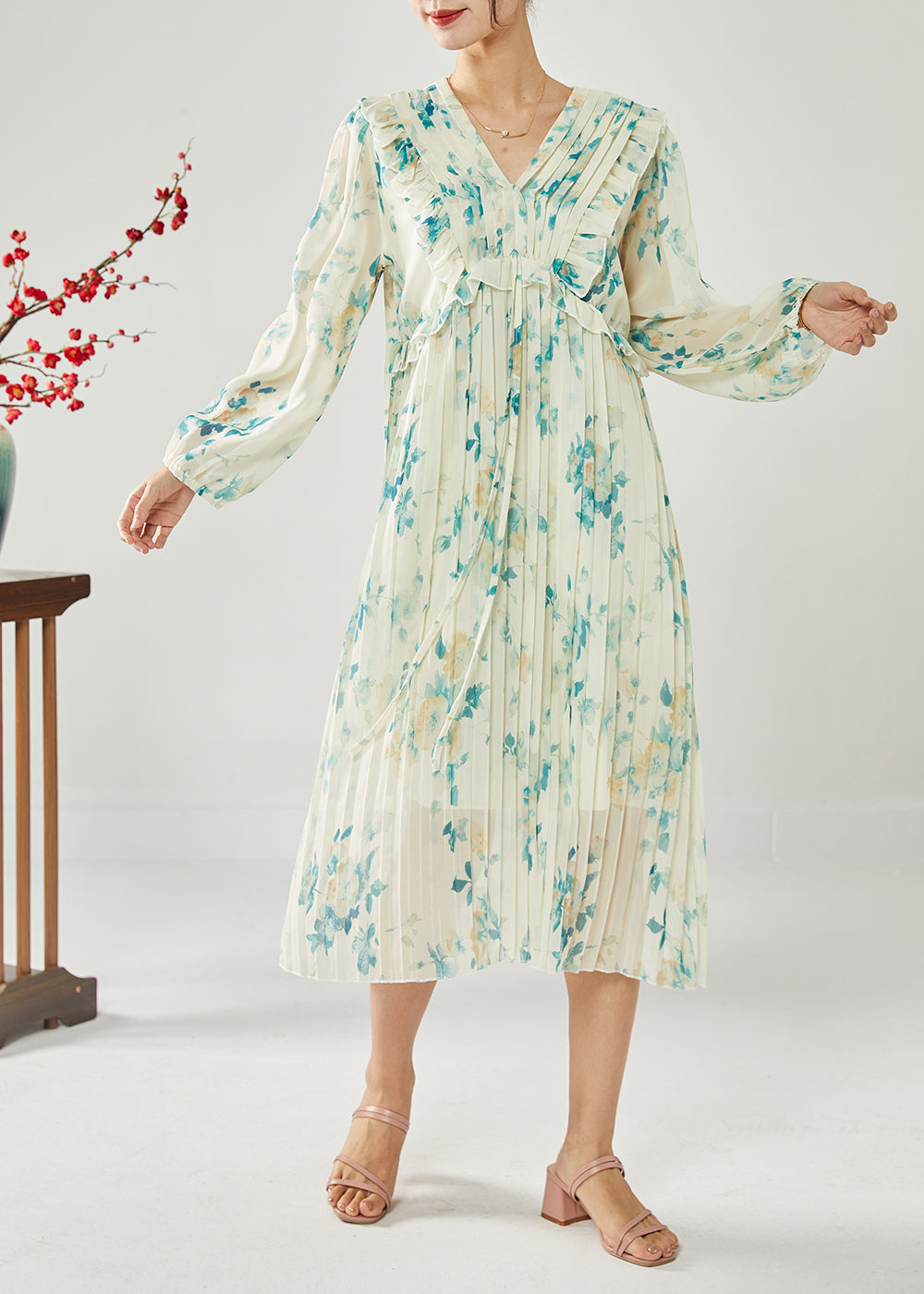Blue Print Patchwork Ruffles Wrinkled Chiffon Long Dress Spring Ly1815