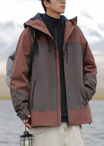 Hooded Brown Cotton Zippered Patchwork Coats
