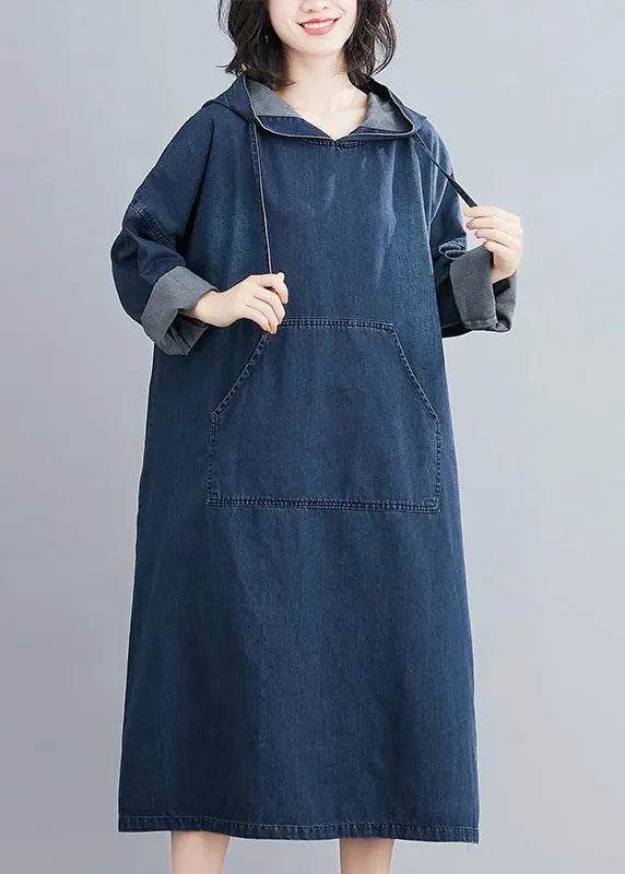 Denim Hooded Pockets Denim Long Dress