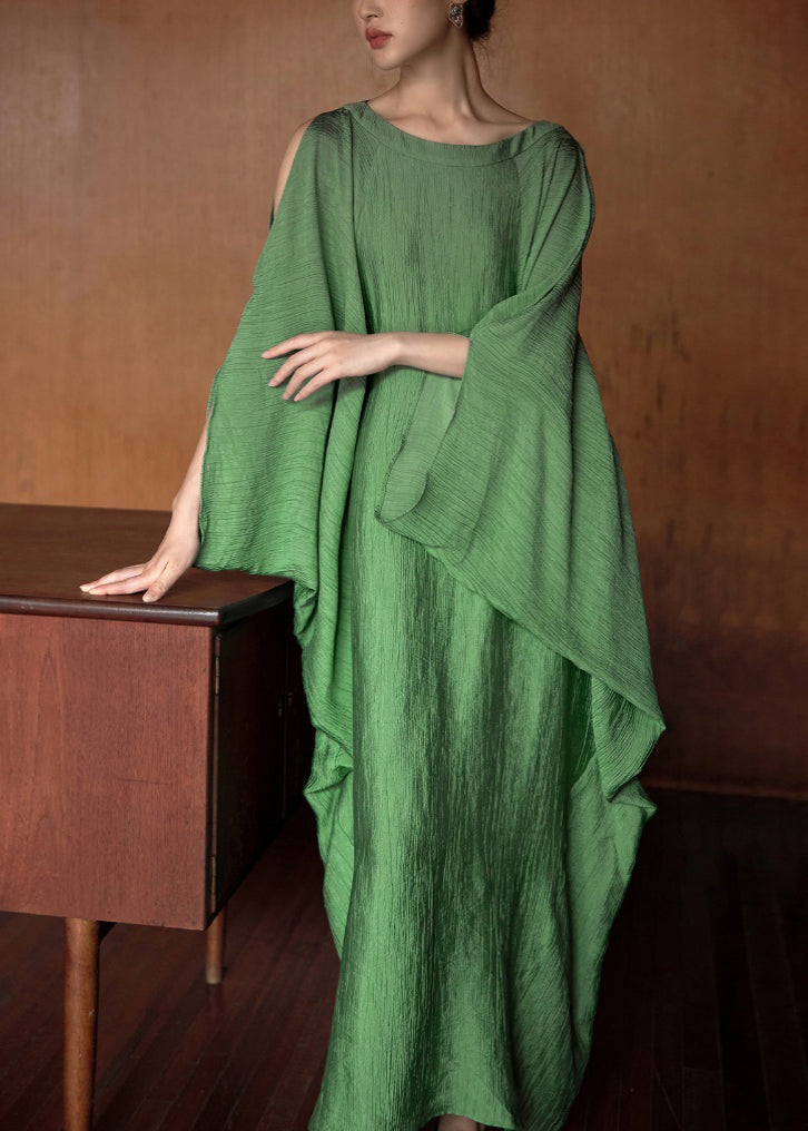 Green O Neck Cotton Long Dress Batwing Sleeve Ee1049