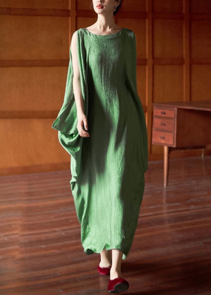 Green O Neck Cotton Long Dress Batwing Sleeve Ee1049
