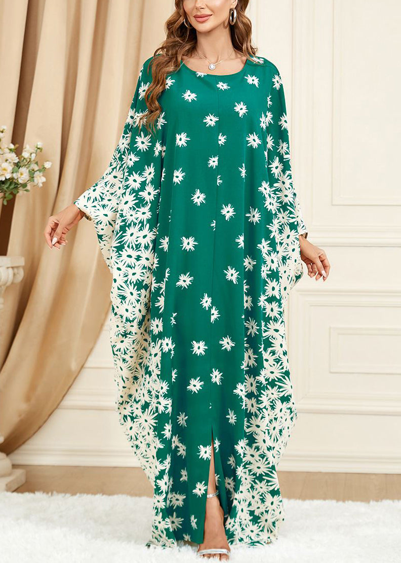 Green Print Side Open Cotton Long Dress Batwing Sleeve Aa1028
