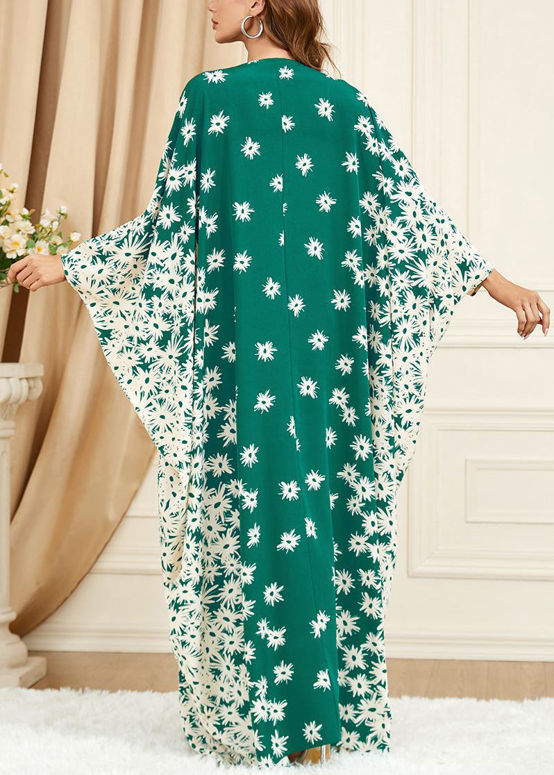 Green Print Side Open Cotton Long Dress Batwing Sleeve Aa1028