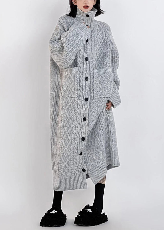 Grey Hign Neck Button Long Knit Cardigan Winter Rs033