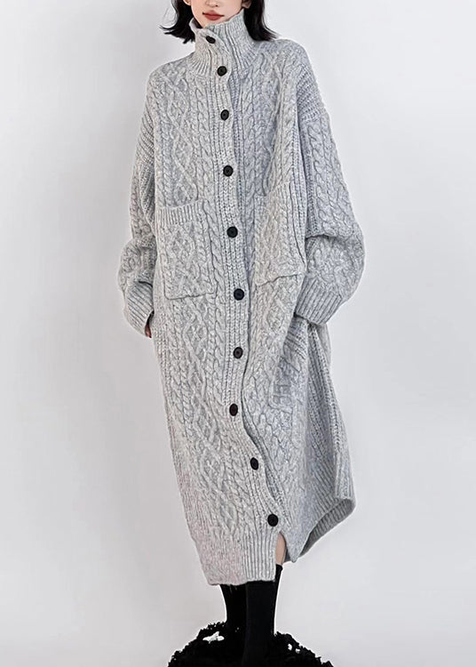 Grey Hign Neck Button Long Knit Cardigan Winter Rs033