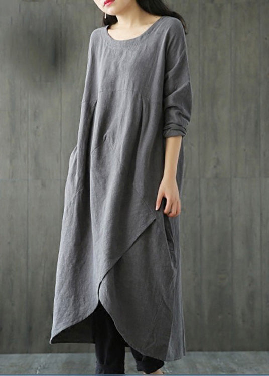 Grey Patchwork Linen Long Dresses Spring Lc0010