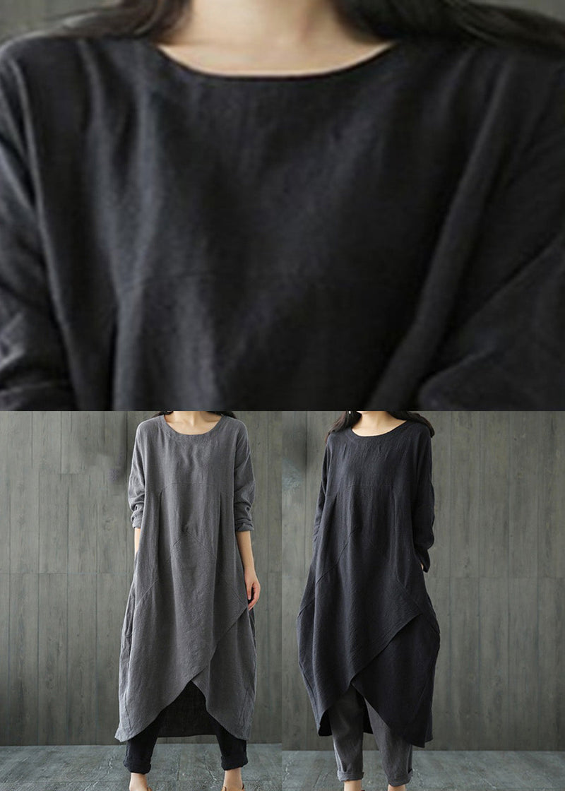 Black O-neck Asymmetrical Linen Long Dress Long Sleeve Lc0002