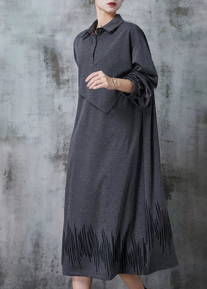 Grey Peter Pan Collar Patchwork Cotton Maxi Dresses Spring Jk1030