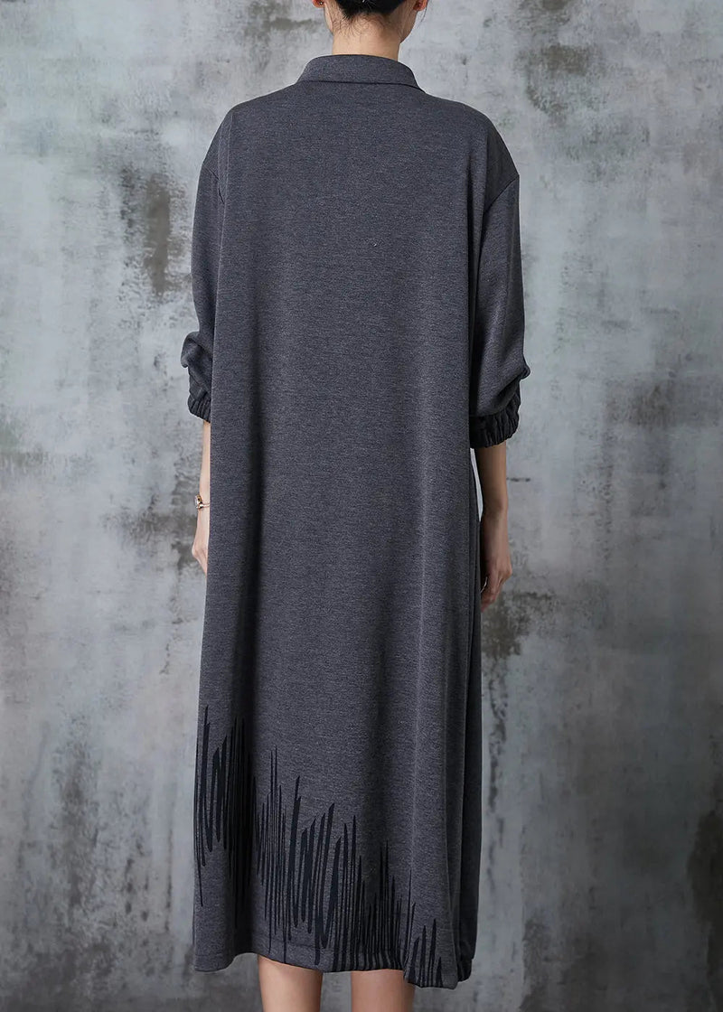 Grey Peter Pan Collar Patchwork Cotton Maxi Dresses Spring Jk1030