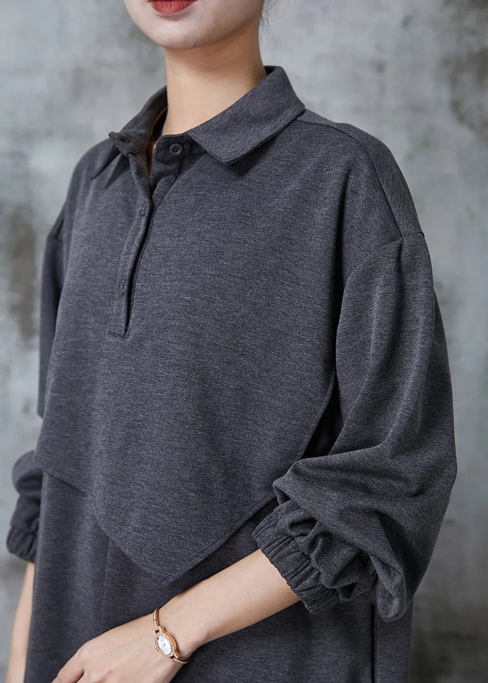 Grey Peter Pan Collar Patchwork Cotton Maxi Dresses Spring Jk1030