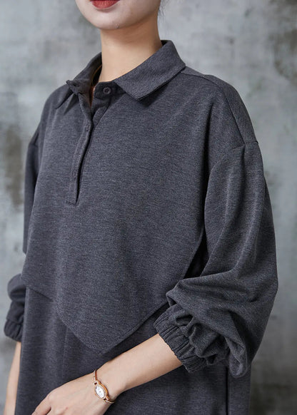 Grey Peter Pan Collar Patchwork Cotton Maxi Dresses Spring Jk1030