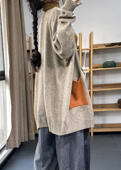 Khaki Pockets Patchwork Knit Cardigan Fall Oo005