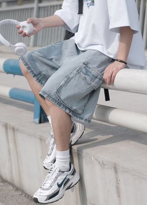 Light Blue Pockets Elastic Waist Shorts Summer Yl014