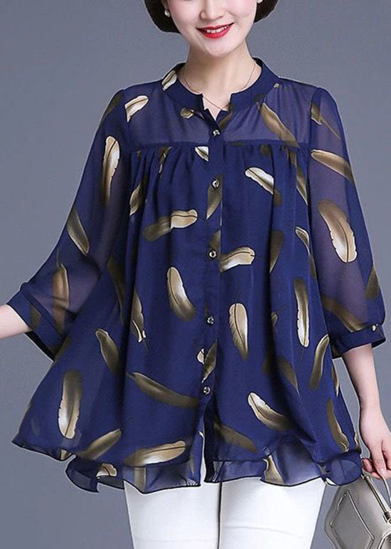 Navy Print Wrinkled Patchwork Chiffon Blouse Tops Summer Tq1007