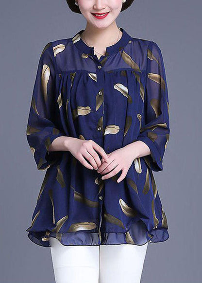 Navy Print Wrinkled Patchwork Chiffon Blouse Tops Summer Tq1007
