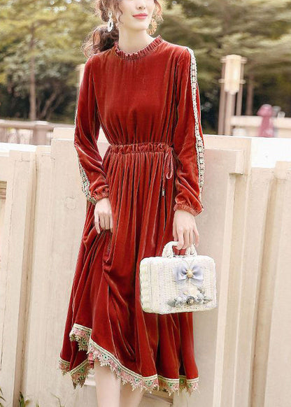 Orange Cinched Patchwork Lace Silk Velour Long Dress Ac3049