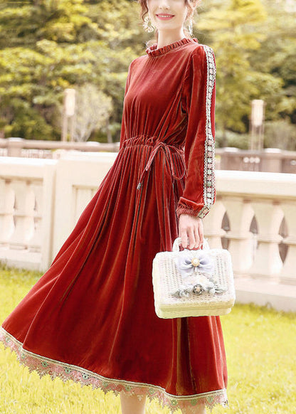 Orange Cinched Patchwork Lace Silk Velour Long Dress Ac3049