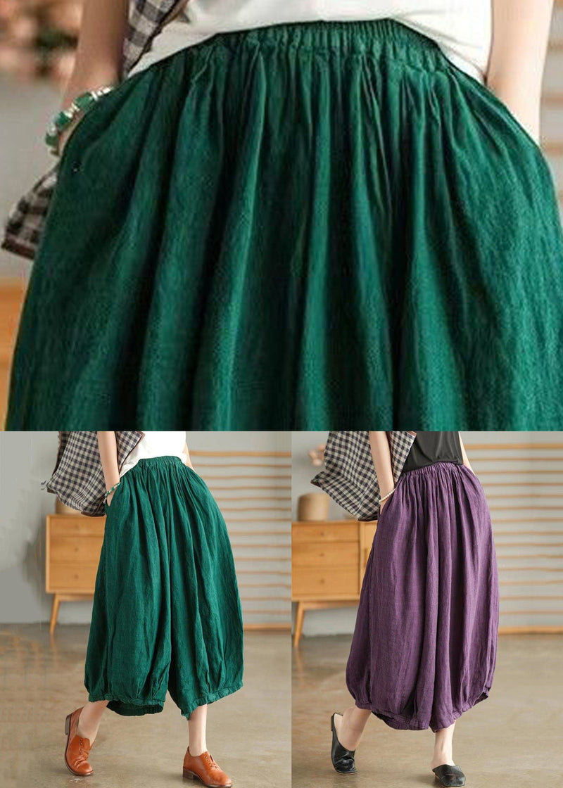 Green Pockets Linen Wide Leg Pants High Waist Summer Vv088