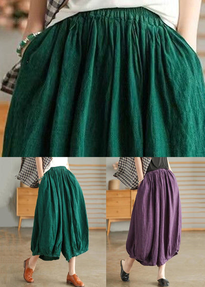 Purple Pockets Elastic Waist Linen Crop Pants Summer Vv043