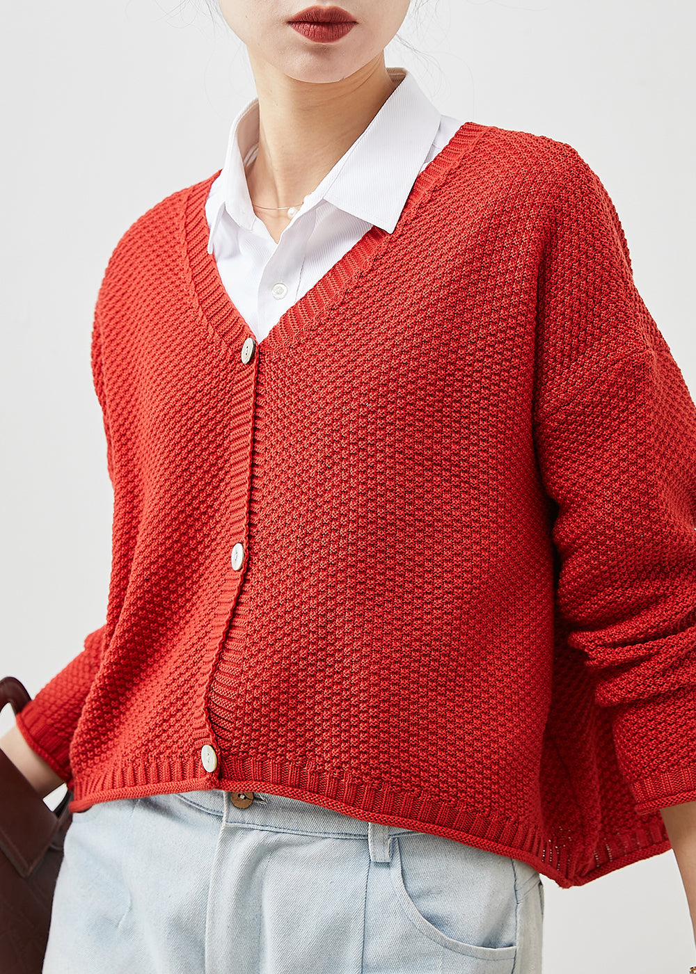 Red Button Down Knit Loose Cardigan Spring Yu1038