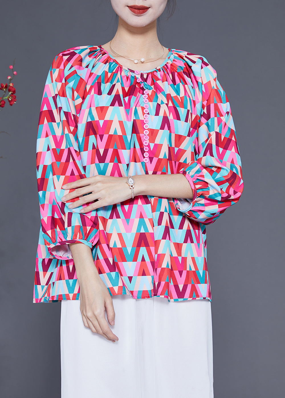 Red O-neck Print Button Chiffon Blouse Top Bracelet Sleeve Ly1829