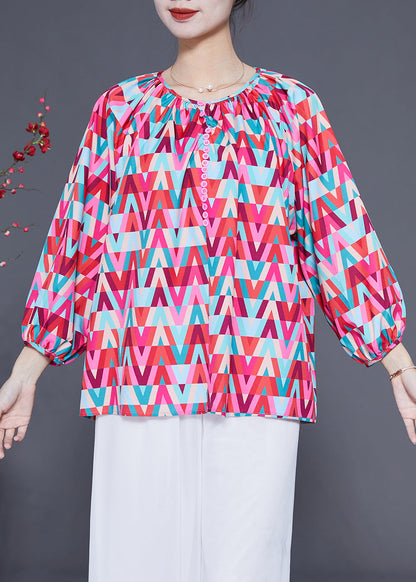 Red O-neck Print Button Chiffon Blouse Top Bracelet Sleeve Ly1829