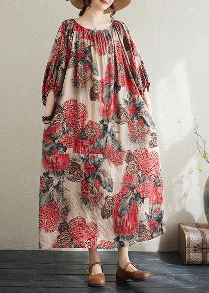 Red O Neck Print Cotton Long Dress Puff Sleeve Ap038