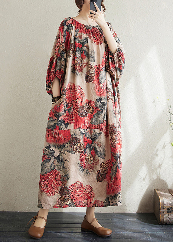 Red O Neck Print Cotton Long Dress Puff Sleeve Ap038