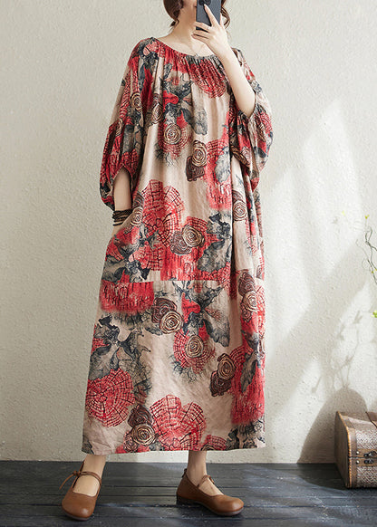 Red O Neck Print Cotton Long Dress Puff Sleeve Ap038