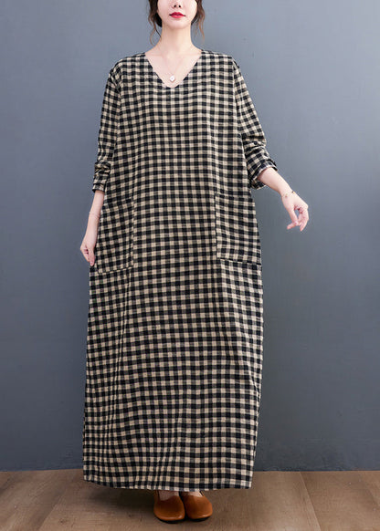 V Neck Plaid Pockets Cotton Long Dress Summer Ap007