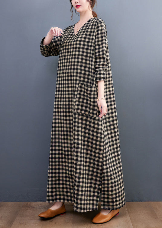 V Neck Plaid Pockets Cotton Long Dress Summer Ap007