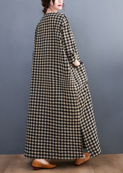 V Neck Plaid Pockets Cotton Long Dress Summer Ap007