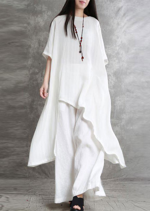 White Asymmetrical Top and Wide Leg Pants Two Pieces Set Short Sleeve Tr020