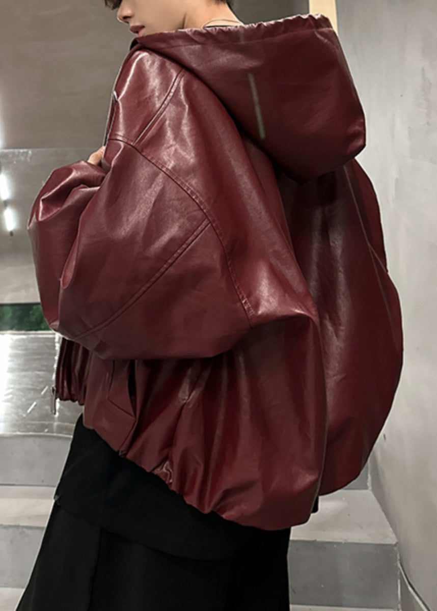 Wine Red Hooded Zippered Faux Leather Coat Spring Rn020