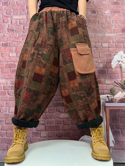 Plaid Spliced Fleece-lined Harem Pants