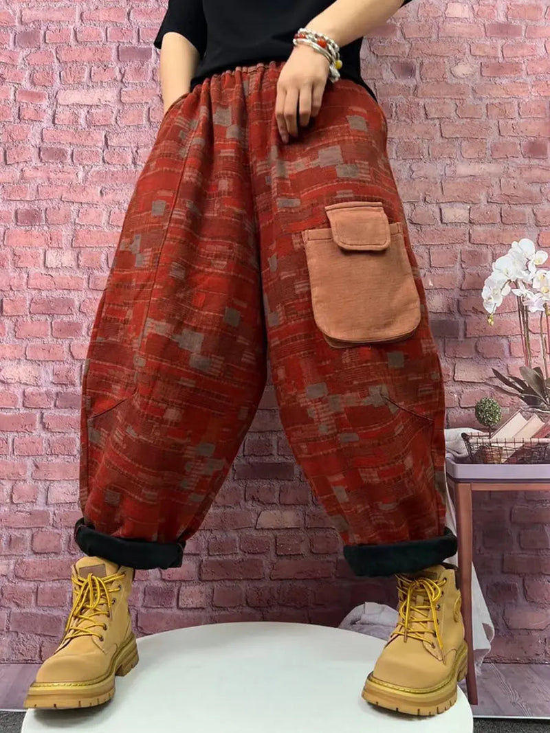Plaid Spliced Fleece-lined Harem Pants