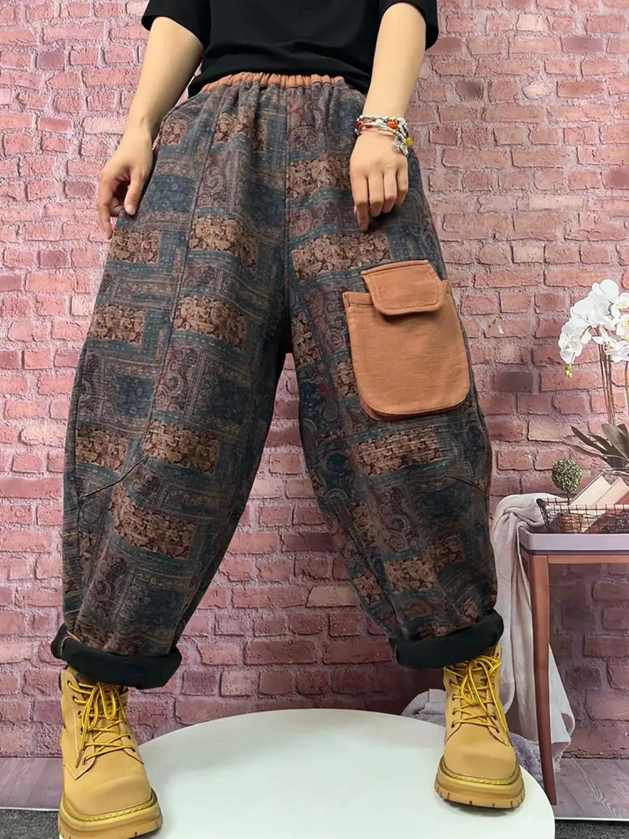 Plaid Spliced Fleece-lined Harem Pants