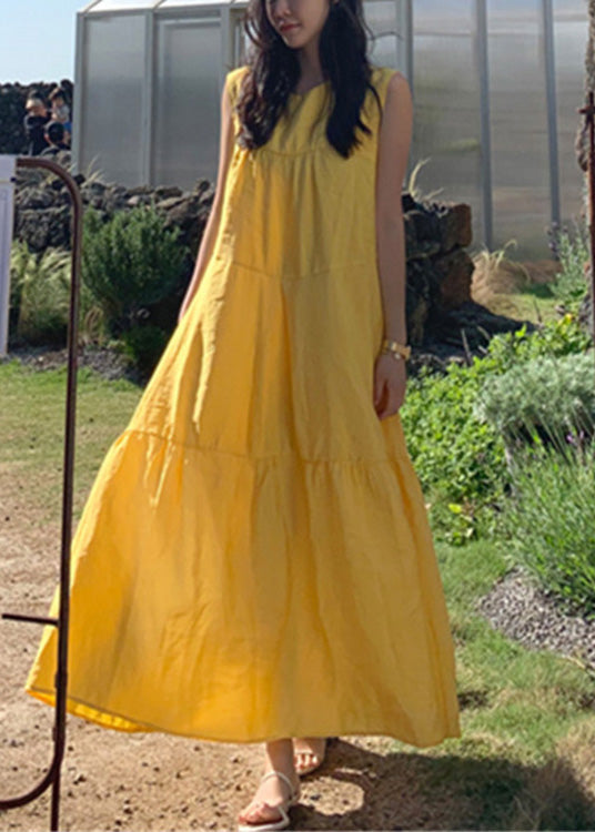 Yellow O-neck Patchwork Cotton Maxi Dresses Sleeveless Lc0064